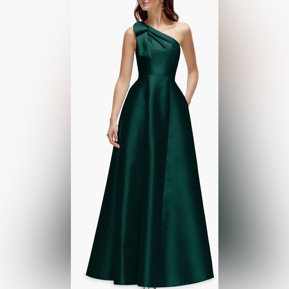 Alfred Sung Evergreen One-Shoulder Bow A-Line Gown Size 18 $279 D875
